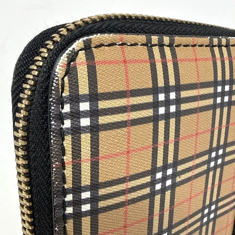 VTG Burberry Zip Around Wallet Clutch Black Leather House Check Canvas Preppy